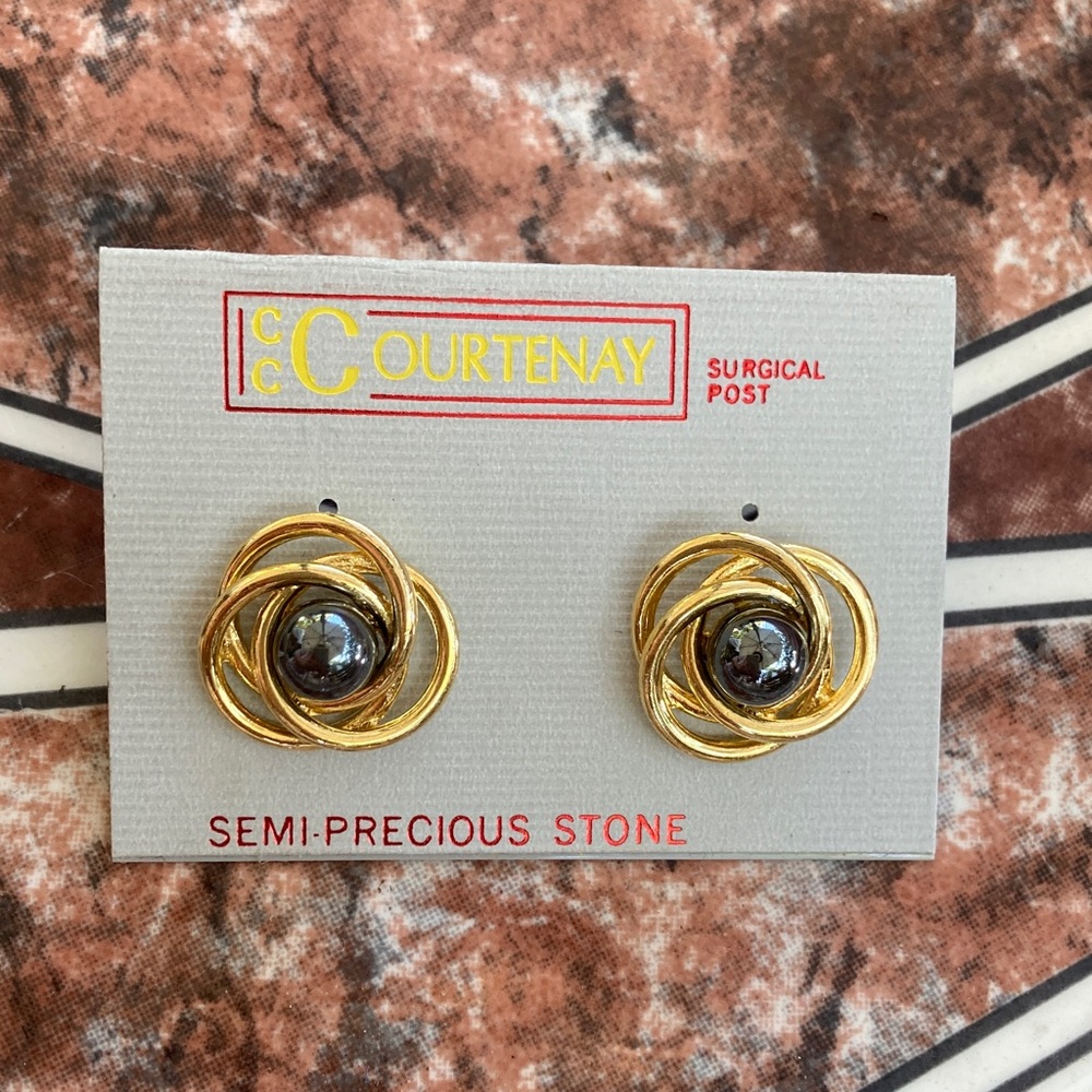Vtg 80's Semi-Precious Stone Gold-Tone Earrings w/ Surgical Post